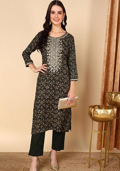 Green Printed Viscose Rayon Kurta