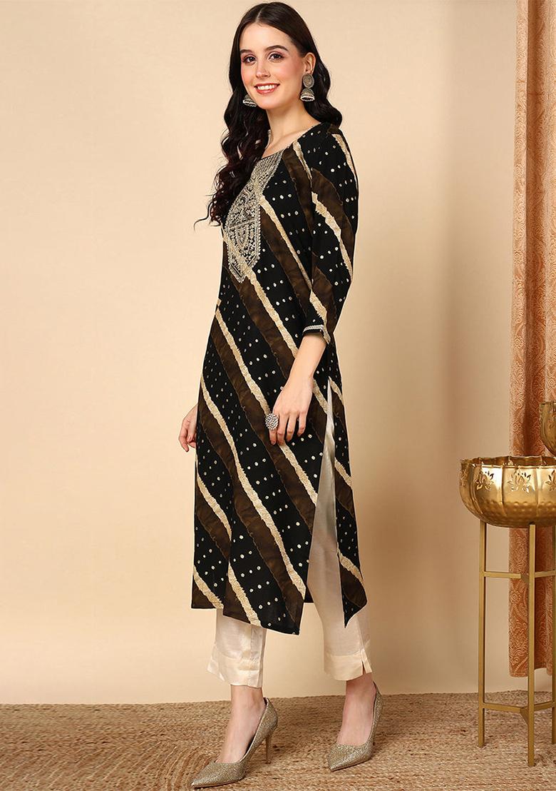 Black Printed Viscose Rayon Kurta