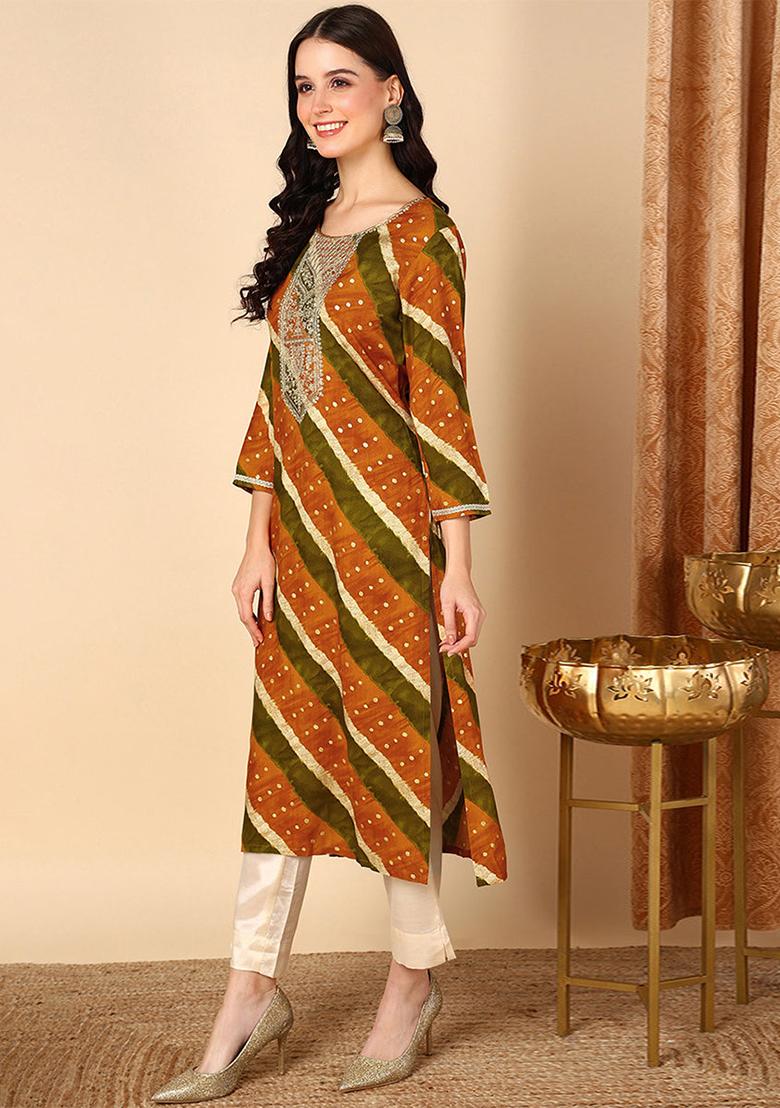 Mustard Yellow Printed Viscose Rayon Kurta