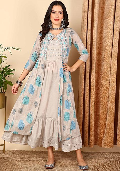 Grey Embroidered Cotton Kurta