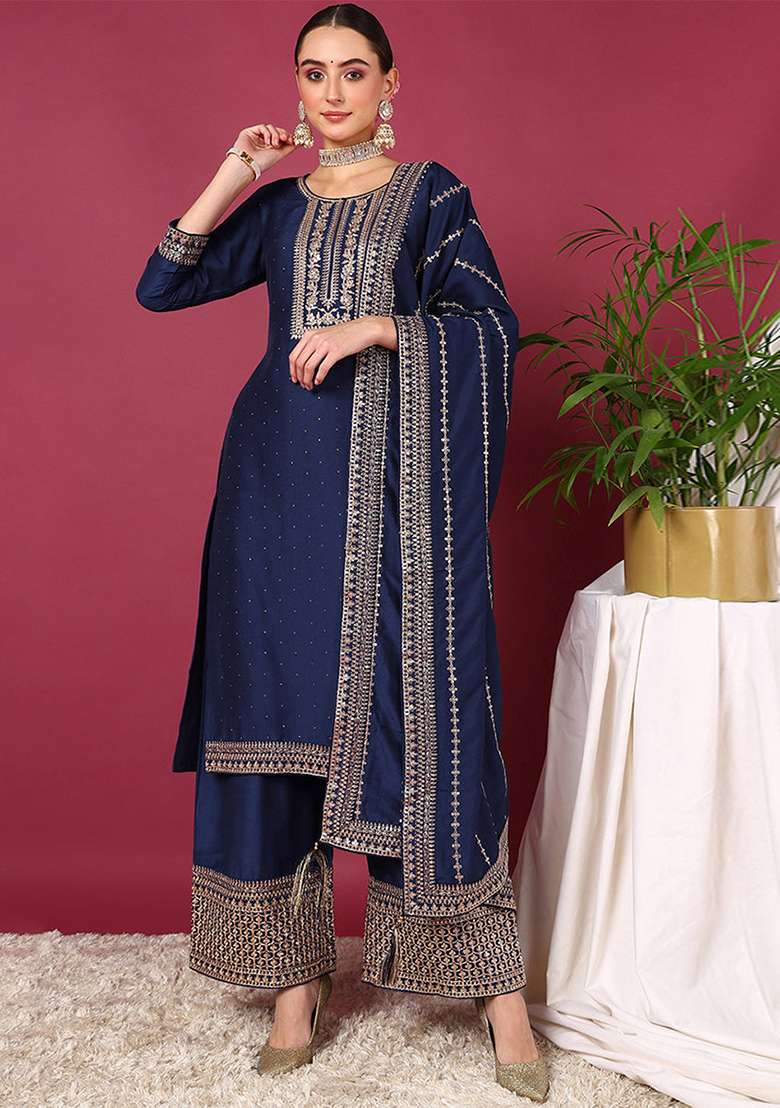 Blue Yoke Design Silk Blend Kurta Set - Indya