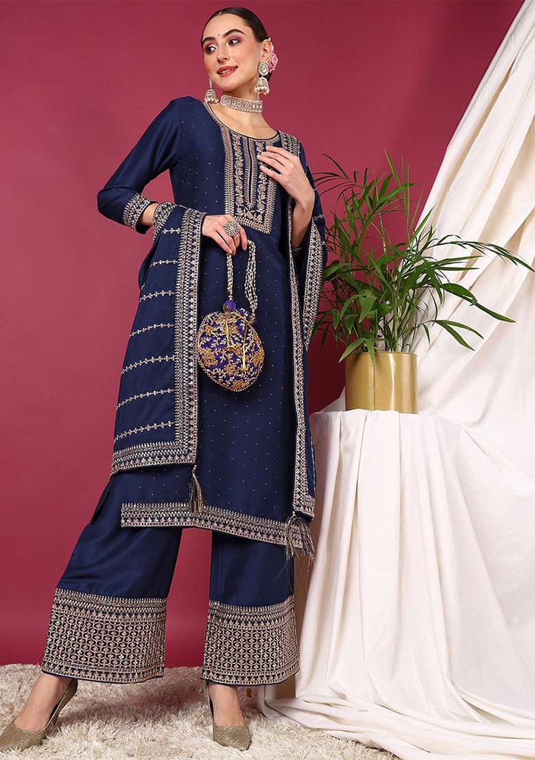 Blue Yoke Design Silk Blend Kurta Set - Indya