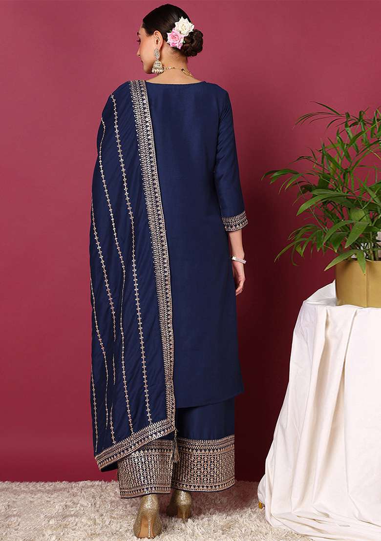 Blue Yoke Design Silk Blend Kurta Set - Indya