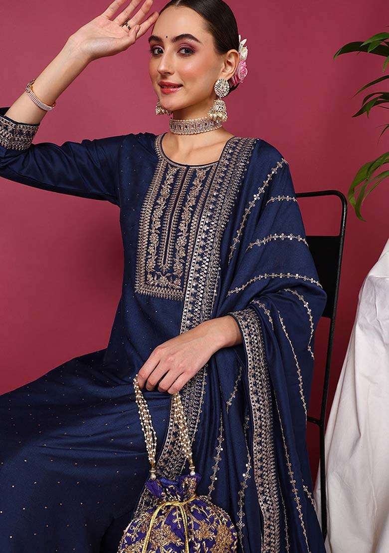 Blue Yoke Design Silk Blend Kurta Set - Indya