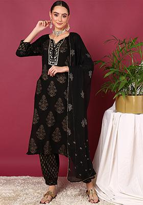 Black Woven Viscose Rayon Kurta Set
