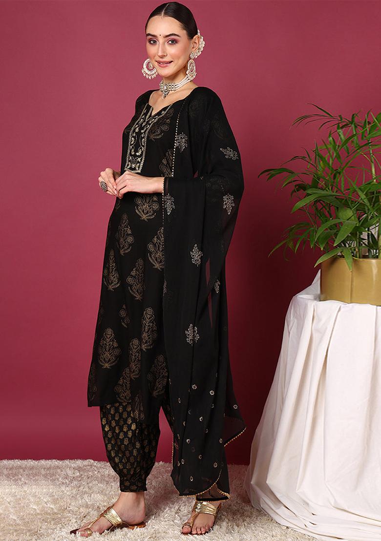Black Woven Viscose Rayon Kurta Set