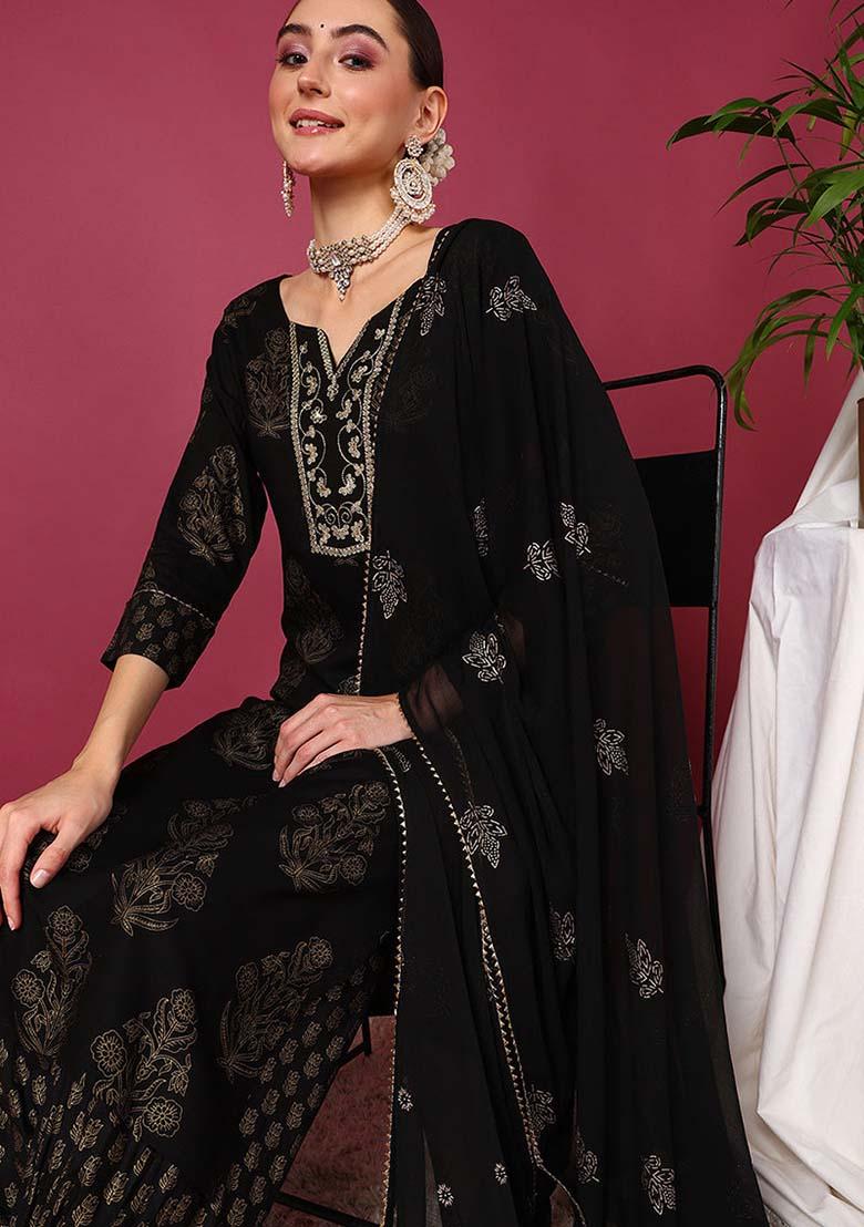 Black Woven Viscose Rayon Kurta Set
