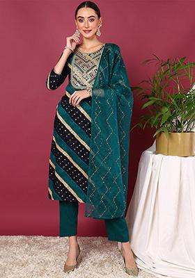 Navy Blue Printed Viscose Rayon Kurta Set