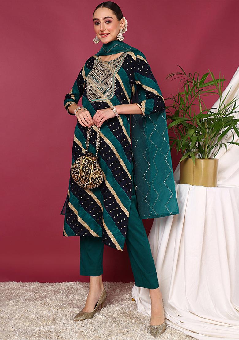 Navy Blue Printed Viscose Rayon Kurta Set