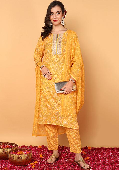 Yellow Printed Poly Cotton Kurta Set
