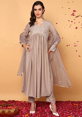 Nude Embroidered Silk Blend Kurta Set