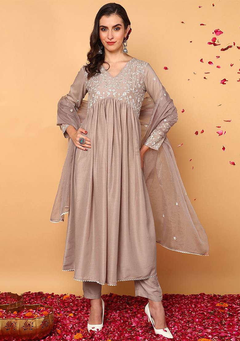Nude Embroidered Blended Anarkali Set - Indya
