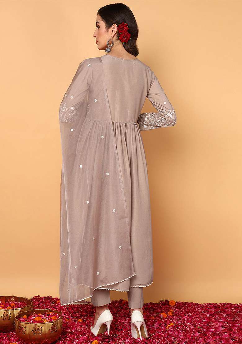Nude Embroidered Blended Anarkali Set - Indya