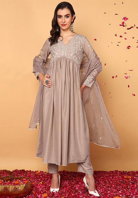 Nude Embroidered Silk Blend Kurta Set