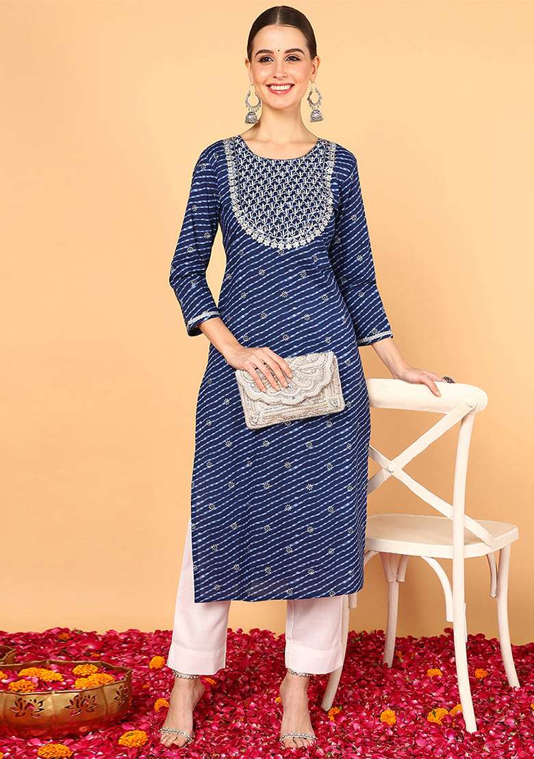 Navy Blue Printed Cotton Straight Kurta Set - Indya