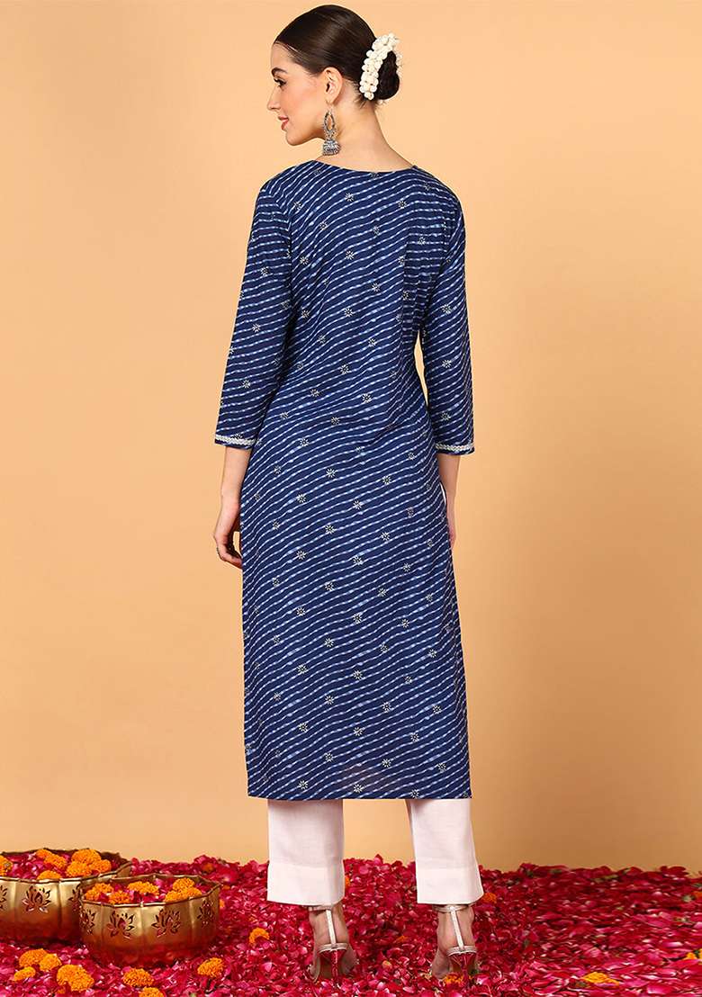 Navy Blue Printed Cotton Straight Kurta Set - Indya