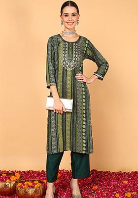 Green Printed Viscose Rayon Kurta