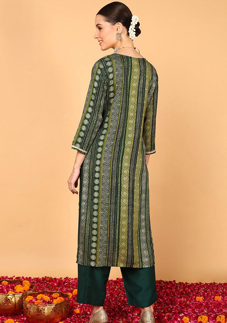 Green Printed Viscose Rayon Kurta