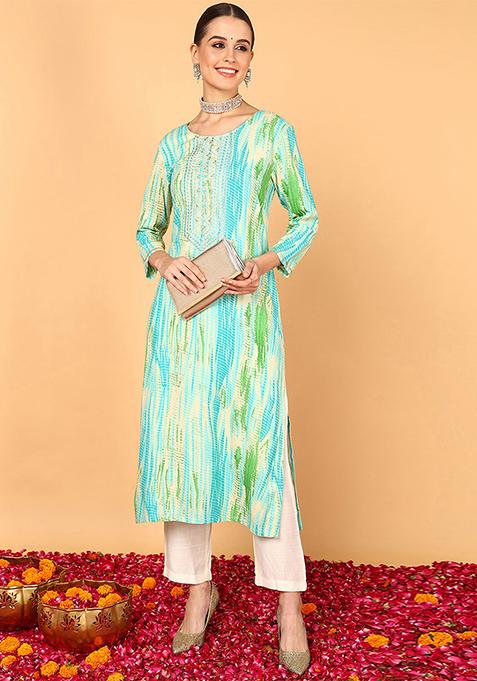 Turquoise Blue Printed Viscose Rayon Kurta