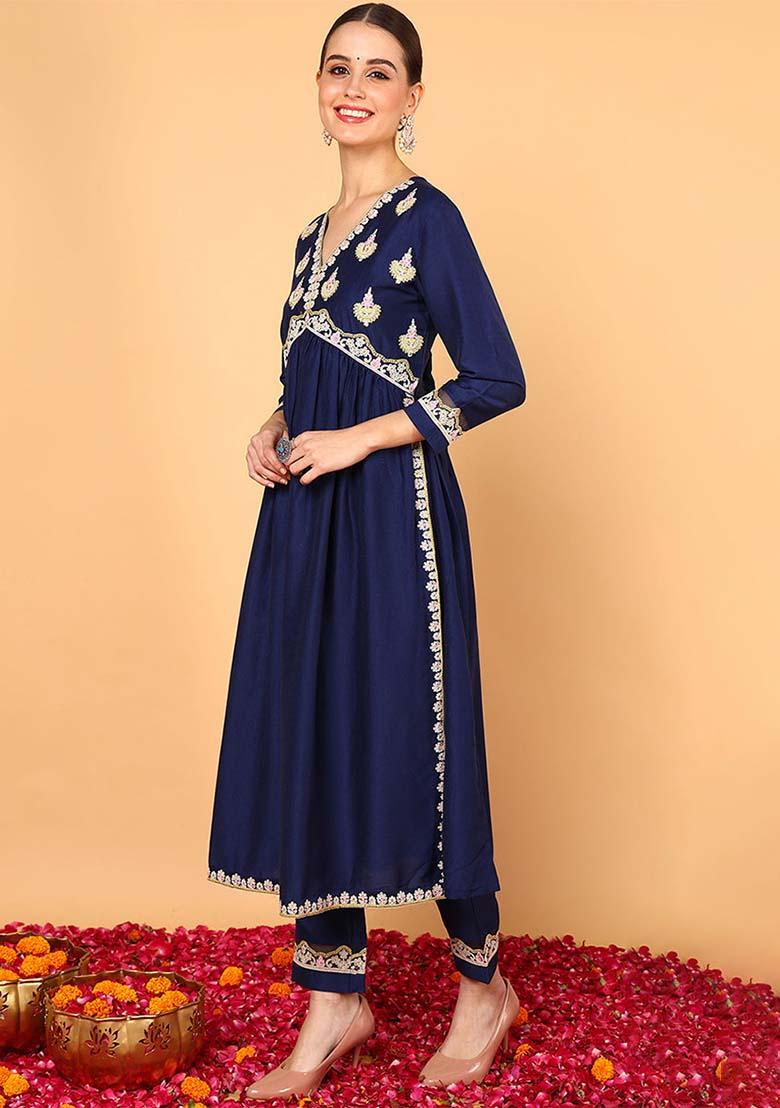 Navy Blue Embroidered Silk Blend Kurta Set
