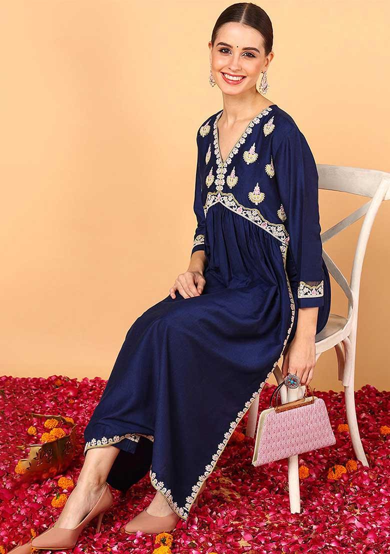 Navy Blue Embroidered Silk Blend Kurta Set
