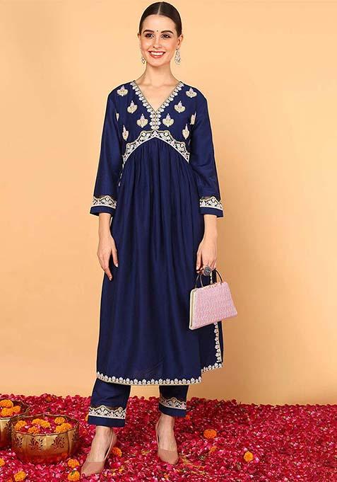 Navy Blue Embroidered Silk Blend Kurta Set