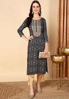 Blue Printed Viscose Rayon Kurta