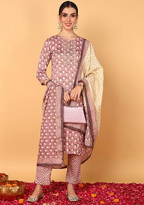 Mauve Printed Silk Blend Kurta Set