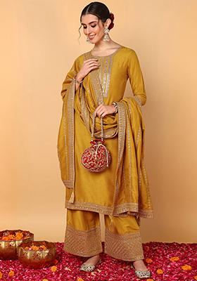 Mustard Yellow Embroidered Silk Blend Kurta Set