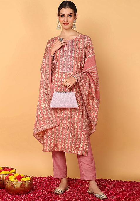 Pink Printed Silk Blend Kurta Set