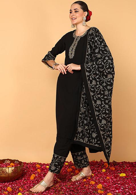 Black Embroidered Poly Georgette Kurta Set