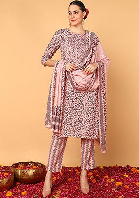 Pink Printed Silk Blend Kurta Set