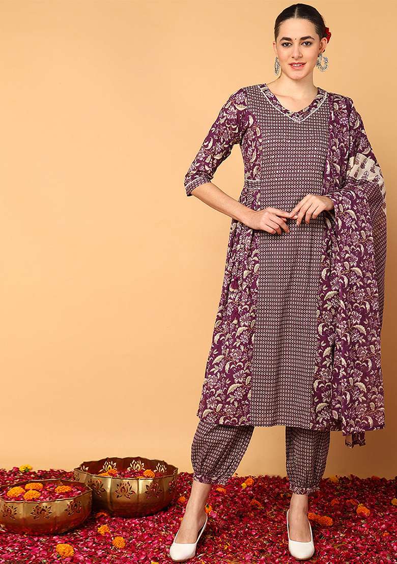 Magenta Printed Cotton Straight Kurta Set - Indya