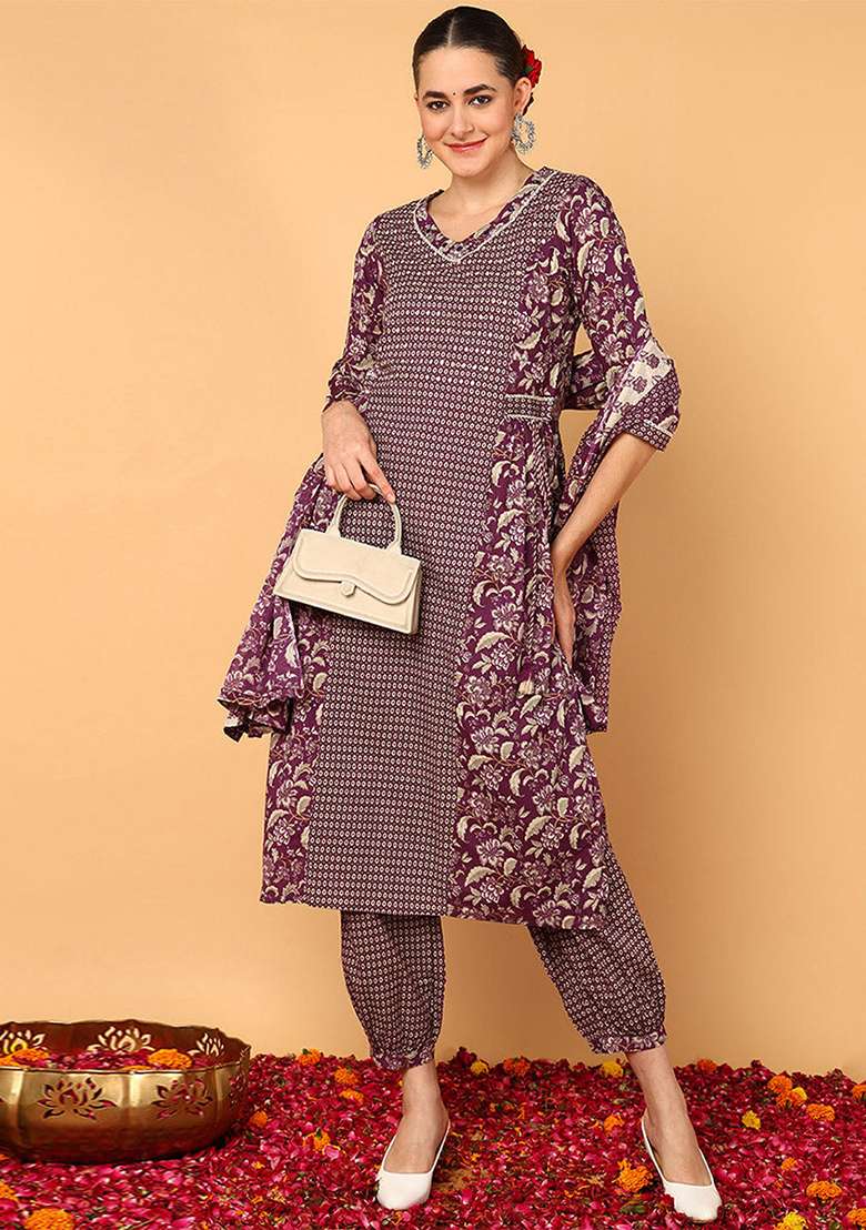 Magenta Printed Cotton Straight Kurta Set - Indya