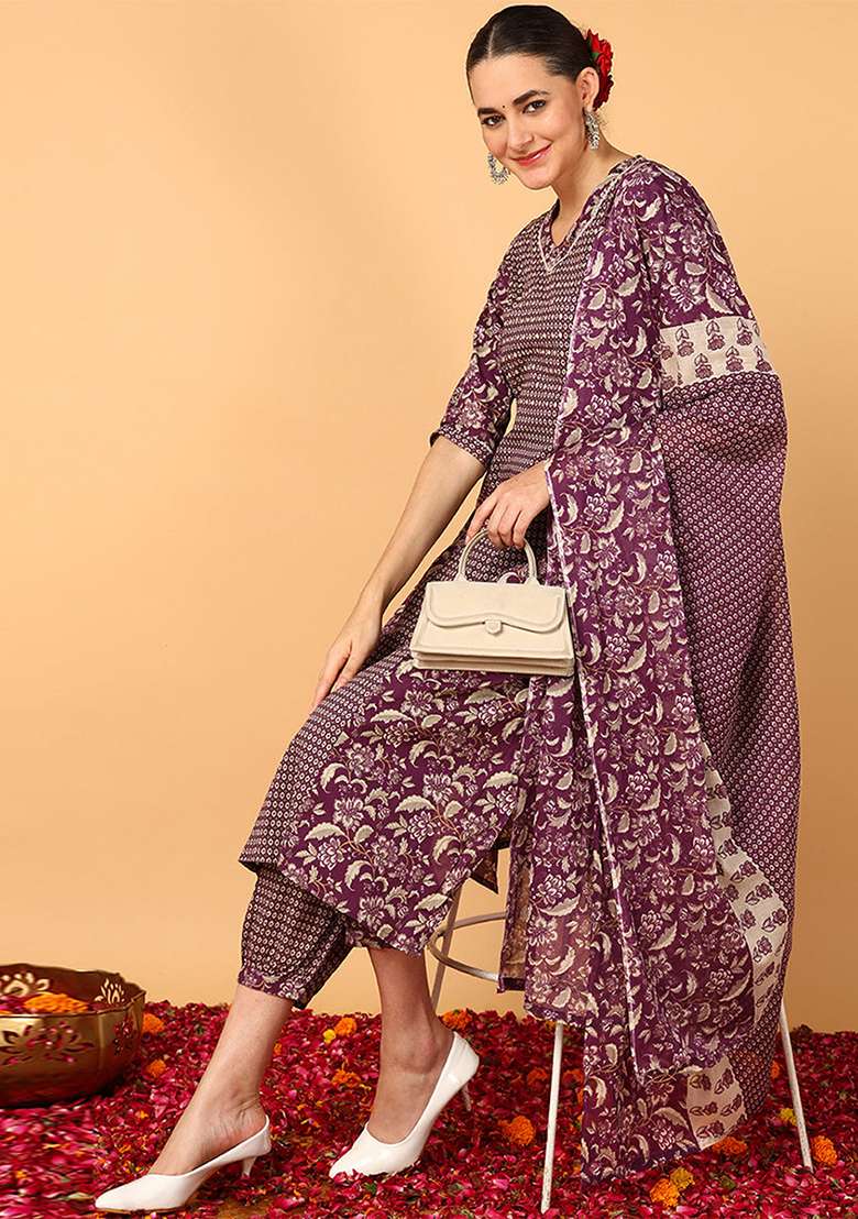 Magenta Printed Cotton Straight Kurta Set - Indya