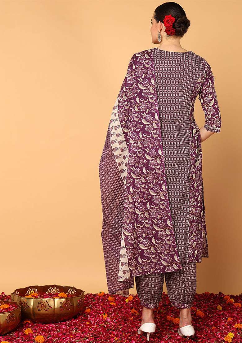 Magenta Printed Cotton Straight Kurta Set - Indya