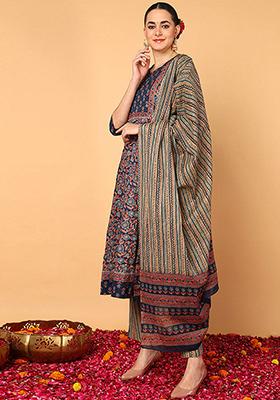 Blue Printed Pure Cotton Kurta Set