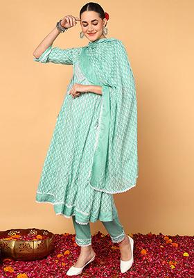 Sea Green Printed Viscose Rayon Kurta Set
