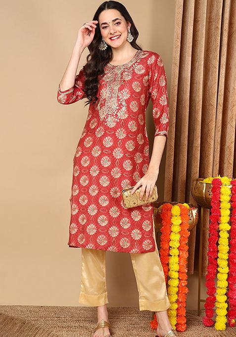 Rust Red Printed Silk Blend Kurta