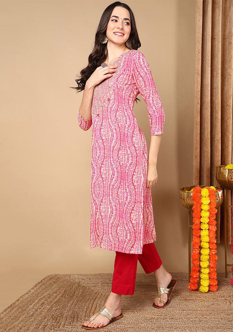 Pink Printed Viscose Rayon Kurta