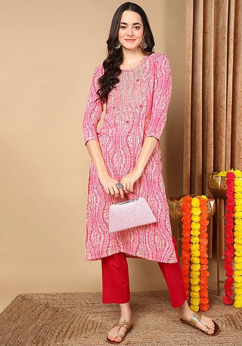 Pink Printed Viscose Rayon Kurta