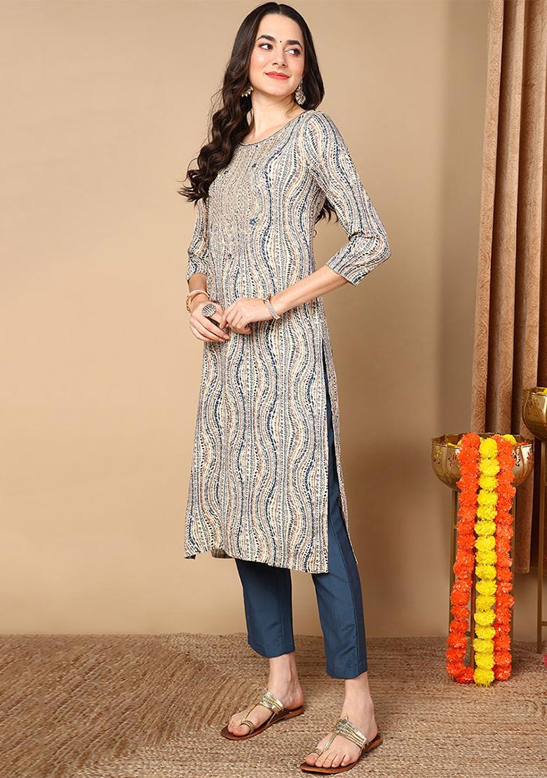Beige Printed Viscose Rayon Kurta