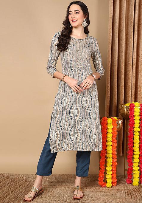 Beige Printed Viscose Rayon Kurta