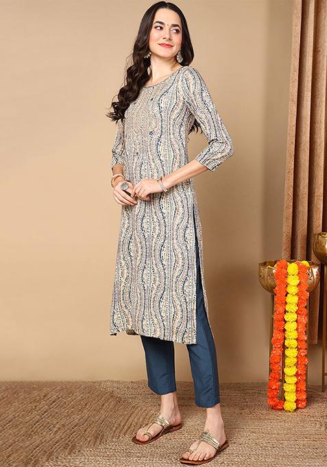 Beige Printed Viscose Rayon Kurta