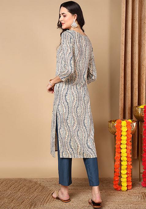 Beige Printed Viscose Rayon Kurta