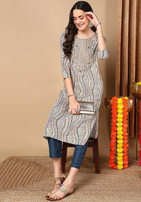 Beige Printed Viscose Rayon Kurta