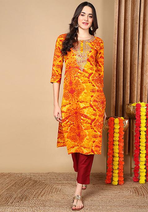 Orange Printed Viscose Rayon Kurta