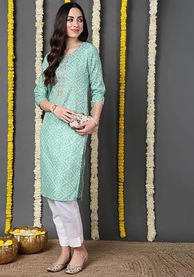 Sea Green Printed Cotton Blend Kurta