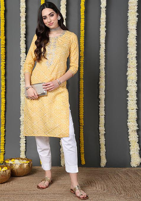 Yellow Printed Cotton Blend Kurta