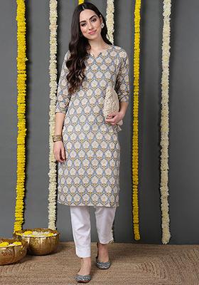 Blue Printed Cotton Kurta